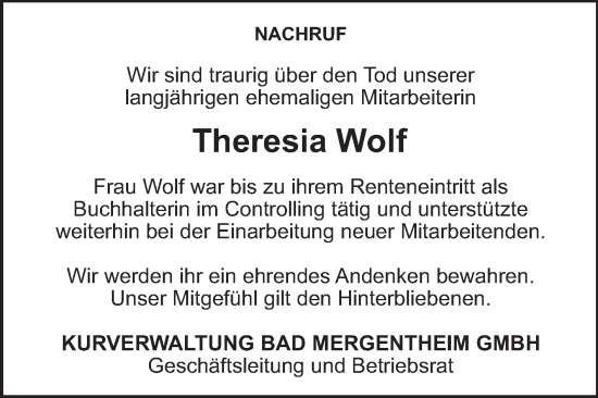 Traueranzeige von Theresia Wolf von Fränkische Nachrichten