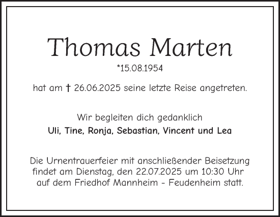 Traueranzeige von Thomas Marten von Mannheimer Morgen