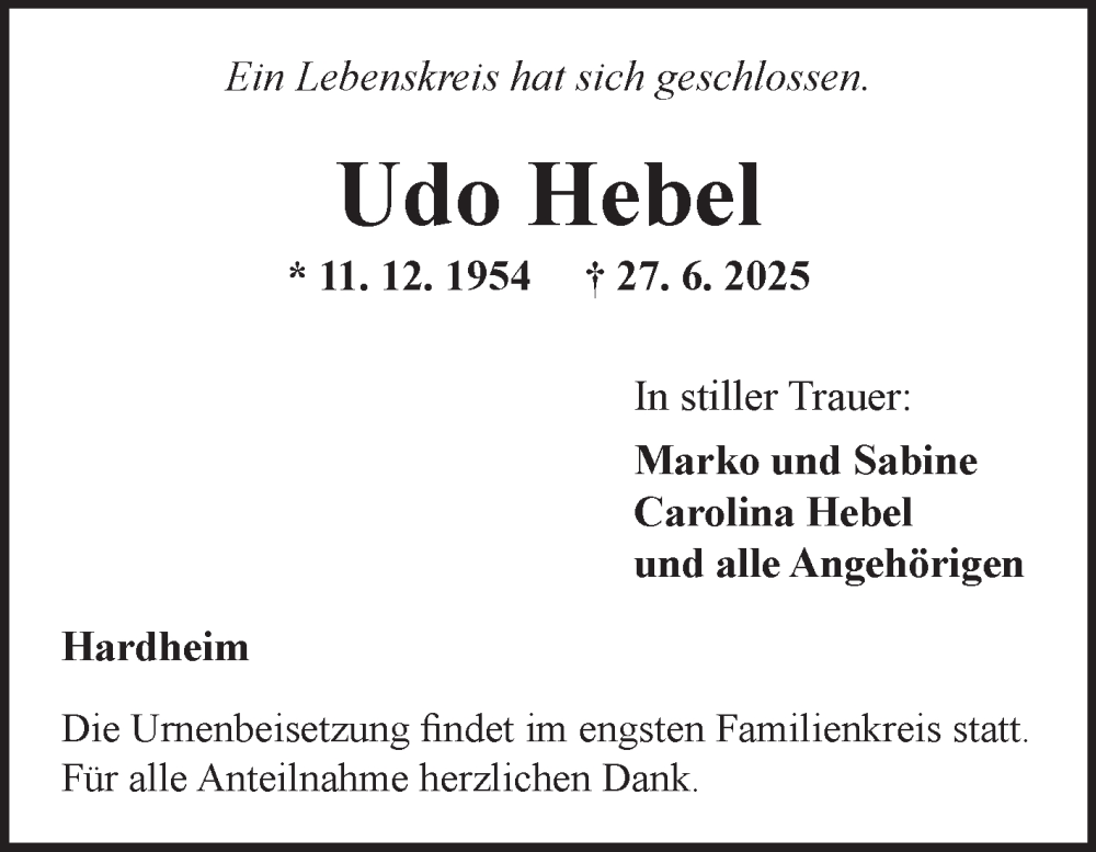  Traueranzeige für Udo Hebel vom 03.07.2025 aus Fränkische Nachrichten