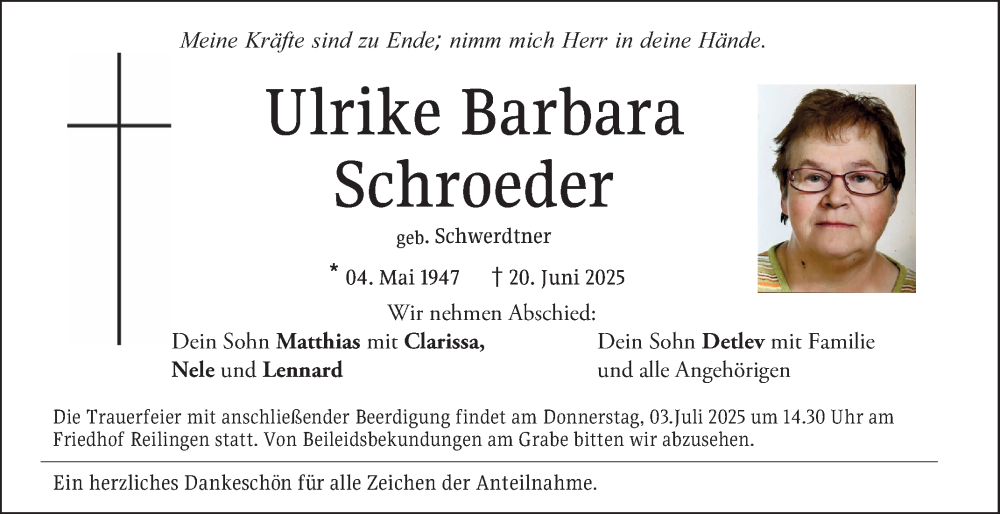  Traueranzeige für Ulrike Barbara Schroeder vom 02.07.2025 aus Schwetzinger Zeitung
