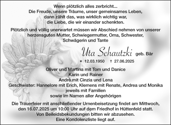 Traueranzeige von Uta Schautzki von Mannheimer Morgen