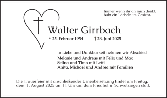 Traueranzeige von Walter Girrbach von Schwetzinger Zeitung