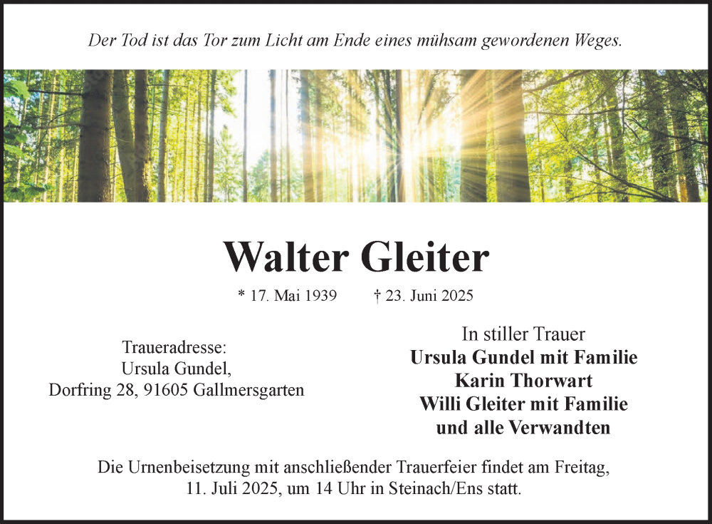  Traueranzeige für Walter Gleiter vom 05.07.2025 aus Fränkische Nachrichten