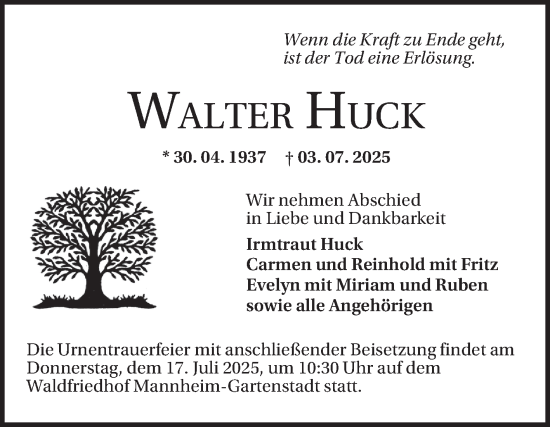 Traueranzeige von Walter Huck von Mannheimer Morgen