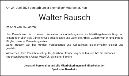 Traueranzeige von Walter Rausch von Bergsträßer Anzeiger