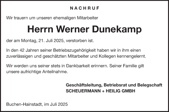 Traueranzeige von Werner Dunekamp von Fränkische Nachrichten