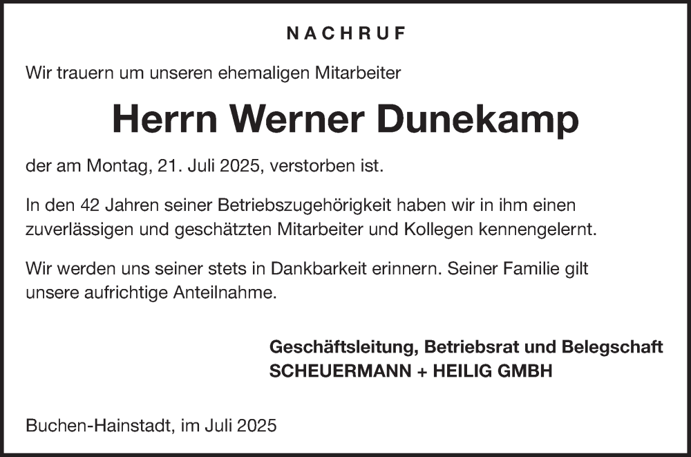  Traueranzeige für Werner Dunekamp vom 26.07.2025 aus Fränkische Nachrichten
