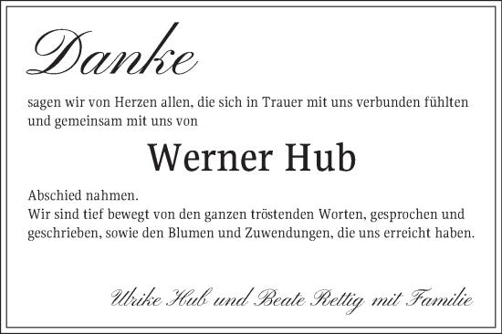 Traueranzeige von Werner Hub von Bergsträßer Anzeiger