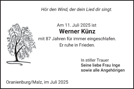 Traueranzeige von Werner Künz von Bergsträßer Anzeiger