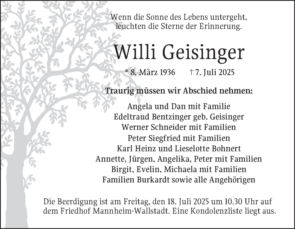  Traueranzeige für Willi Geisinger vom 12.07.2025 aus Mannheimer Morgen