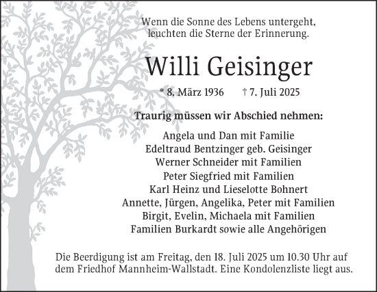 Traueranzeige von Willi Geisinger von Mannheimer Morgen