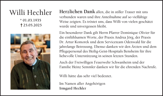 Traueranzeige von Willi Hechler von Bergsträßer Anzeiger