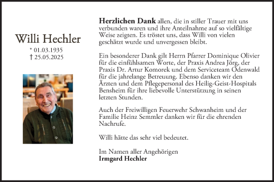 Traueranzeige von Willi Hechler von Bergsträßer Anzeiger