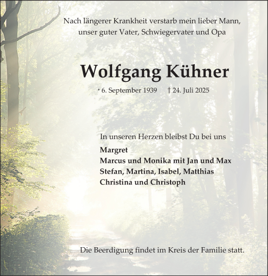 Traueranzeige von Wolfgang Kühner von Mannheimer Morgen