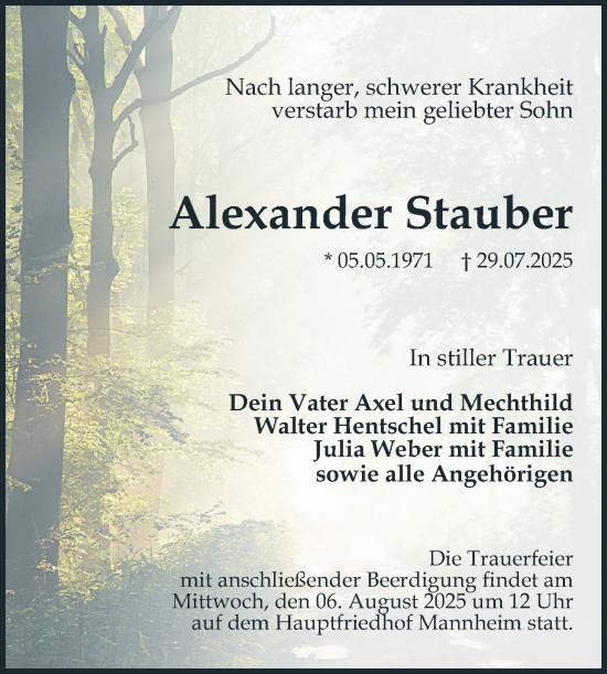 Traueranzeige von Alexander Stauber von Mannheimer Morgen
