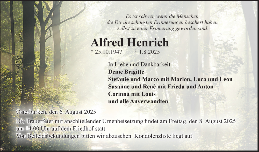  Traueranzeige für Alfred Henrich vom 06.08.2025 aus Fränkische Nachrichten