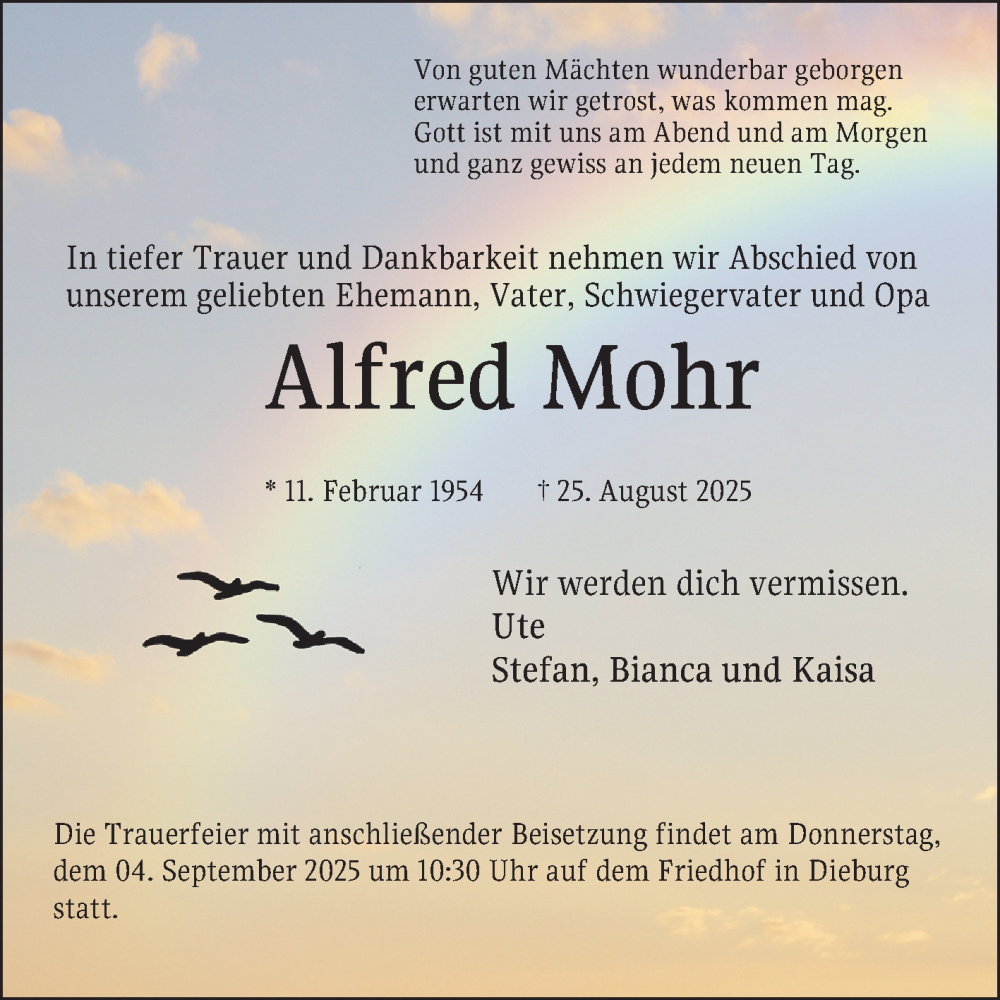  Traueranzeige für Alfred Mohr vom 30.08.2025 aus Bergsträßer Anzeiger
