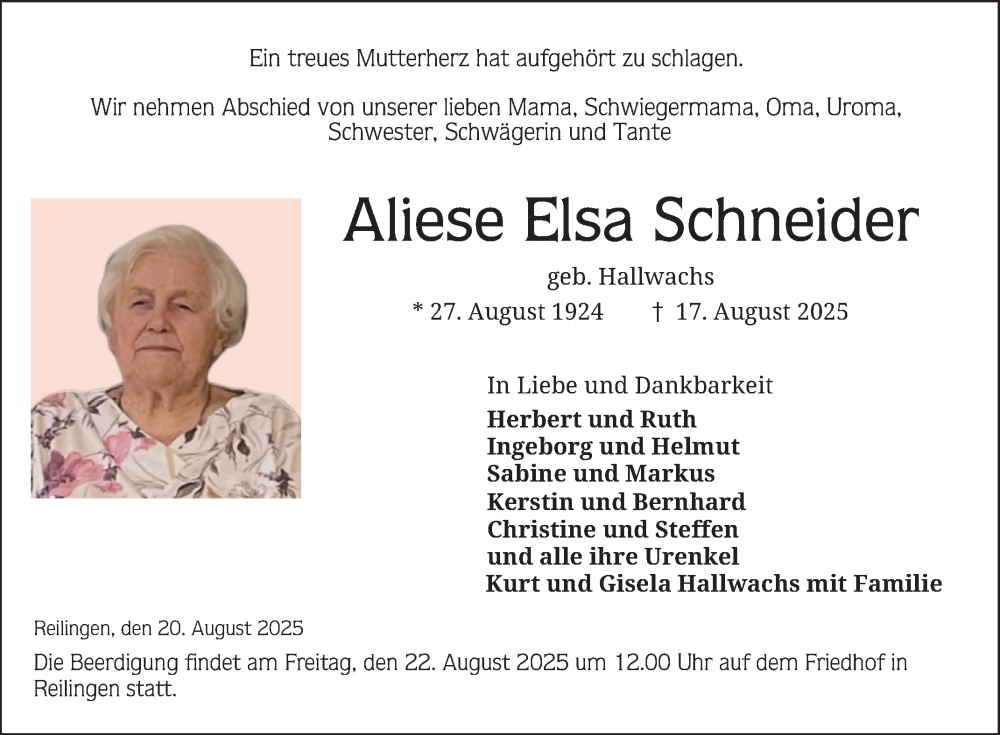  Traueranzeige für Aliese Elsa Schneider vom 20.08.2025 aus Schwetzinger Zeitung