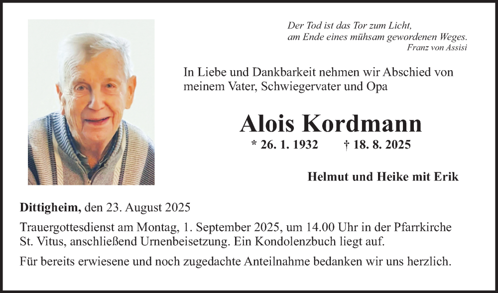  Traueranzeige für Alois Kordmann vom 23.08.2025 aus Fränkische Nachrichten