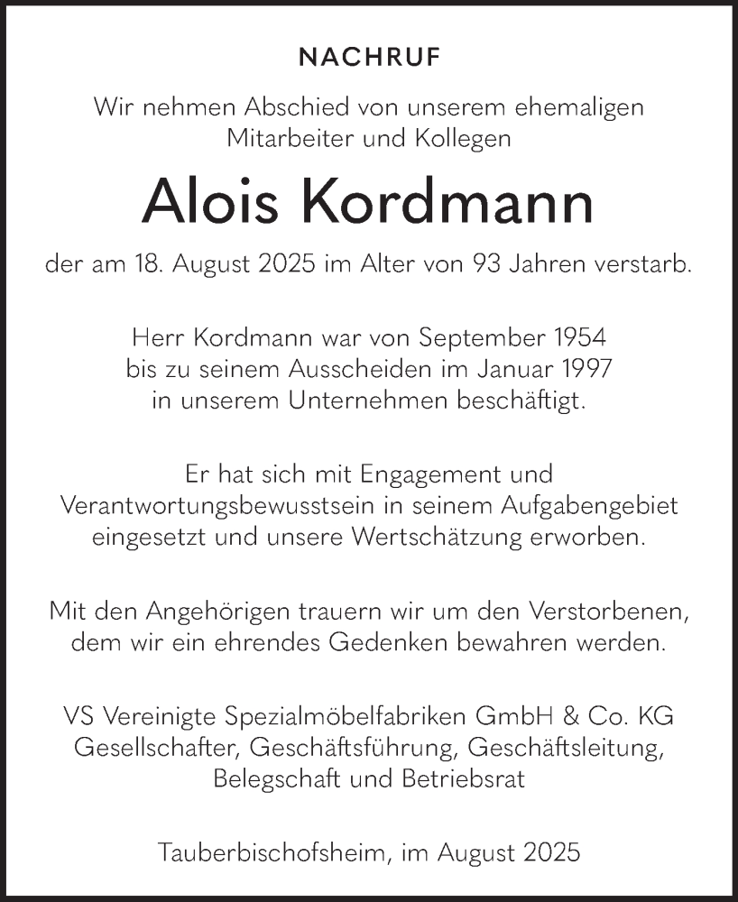  Traueranzeige für Alois Kordmann vom 28.08.2025 aus Fränkische Nachrichten