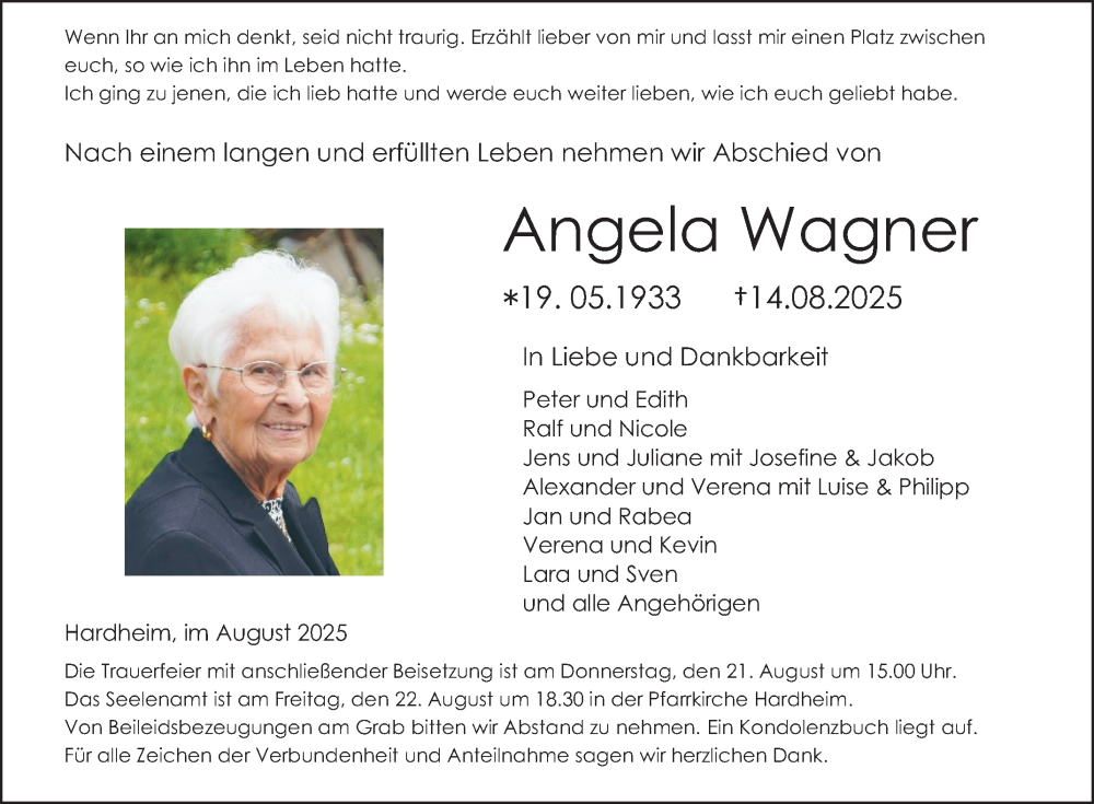  Traueranzeige für Angela Wagner vom 19.08.2025 aus Fränkische Nachrichten