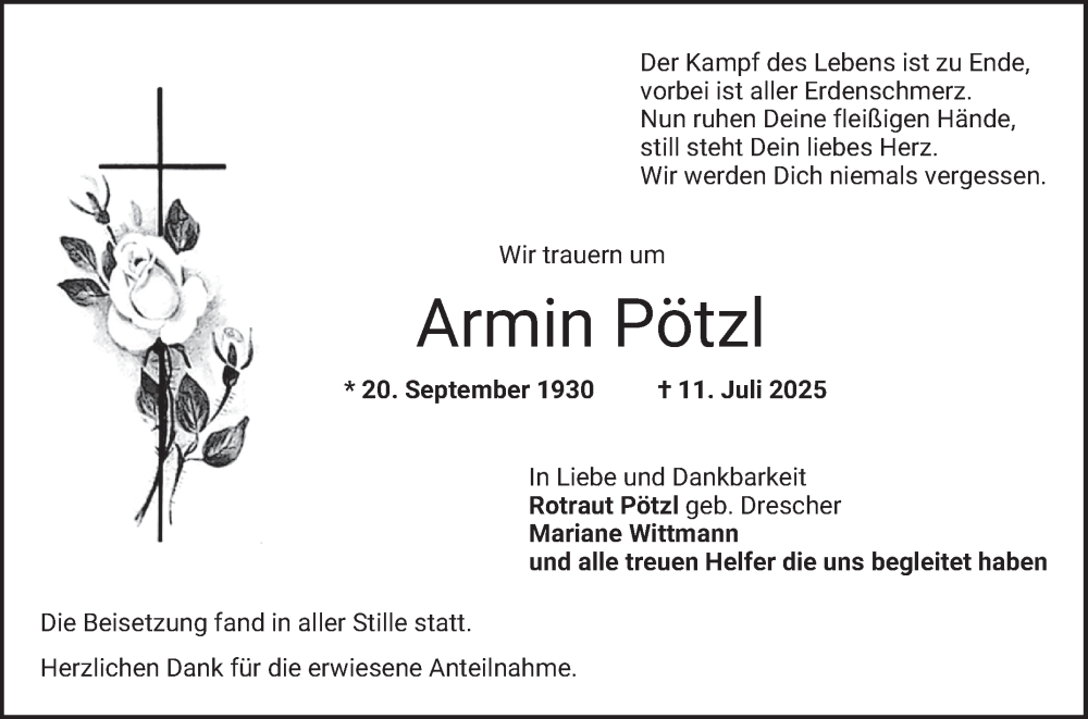  Traueranzeige für Armin Pötzl vom 09.08.2025 aus Bergsträßer Anzeiger
