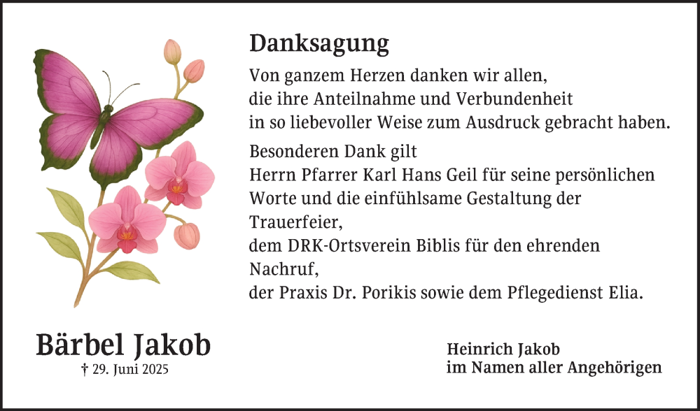  Traueranzeige für Bärbel Jakob vom 02.08.2025 aus Mannheimer Morgen