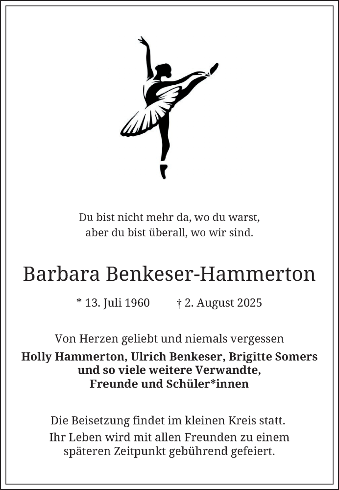  Traueranzeige für Barbara Benkeser-Hammerton vom 09.08.2025 aus Schwetzinger Zeitung