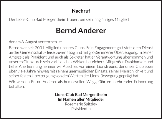 Traueranzeige von Bernd Anderer von Fränkische Nachrichten