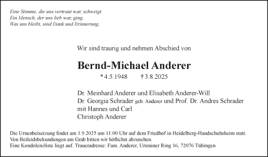 Traueranzeige von Bernd-Michael Anderer von Fränkische Nachrichten