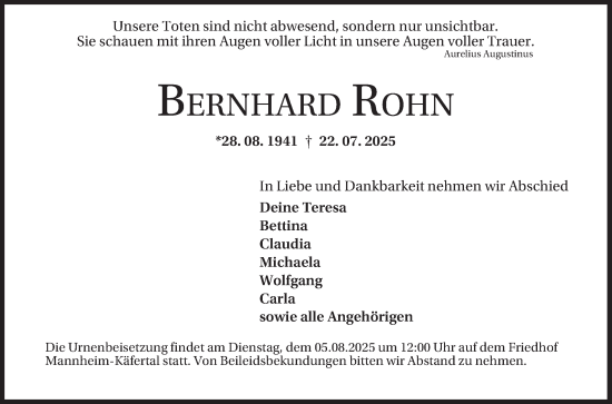 Traueranzeige von Bernhard Rohn von Mannheimer Morgen