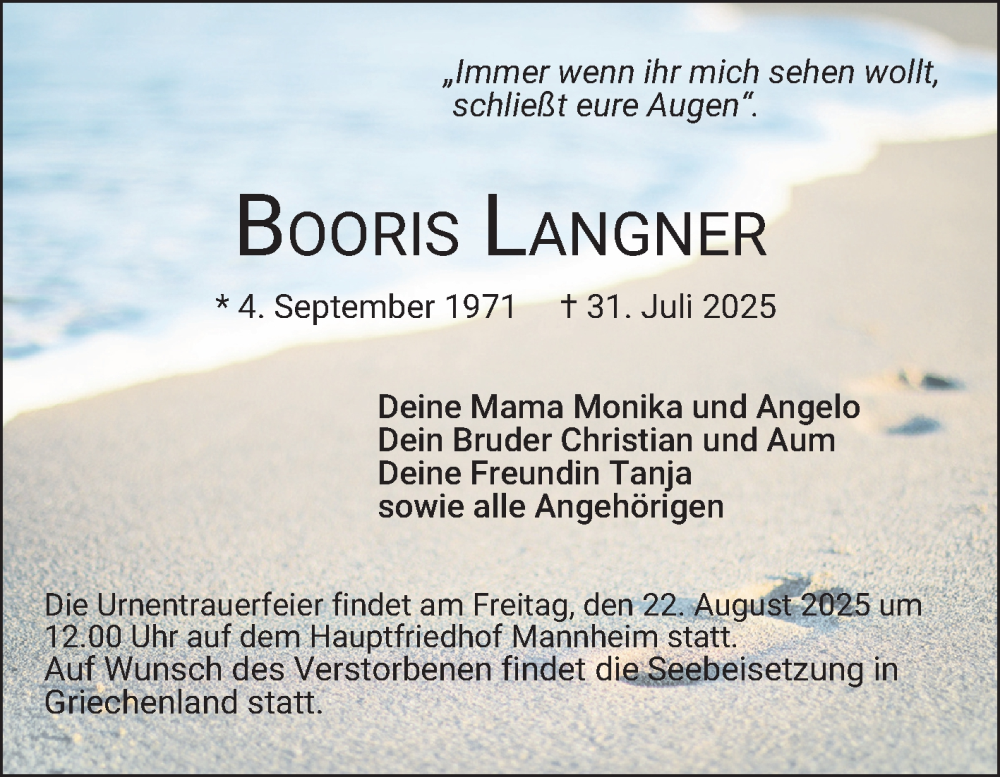  Traueranzeige für Booris Langner vom 16.08.2025 aus Mannheimer Morgen