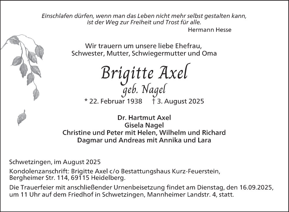  Traueranzeige für Brigitte Axel vom 30.08.2025 aus Schwetzinger Zeitung