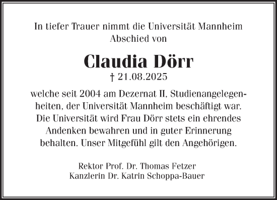 Traueranzeige von Claudia Dörr von Mannheimer Morgen