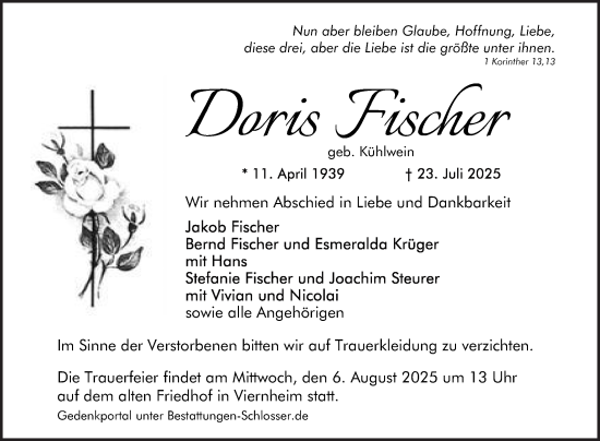 Traueranzeige von Doris Fischer von Mannheimer Morgen