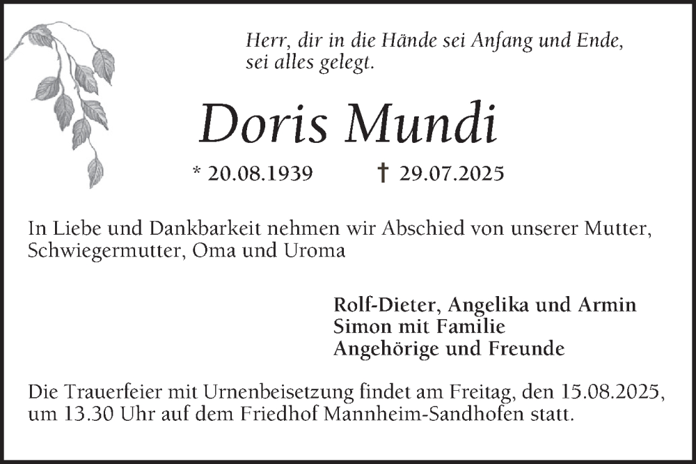  Traueranzeige für Doris Mundi vom 09.08.2025 aus Mannheimer Morgen