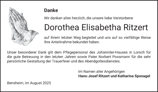 Traueranzeige von Dorothea Elisabetha Ritzert von Bergsträßer Anzeiger