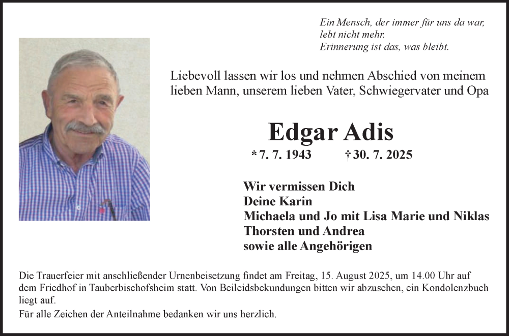 Traueranzeige für Edgar Adis vom 09.08.2025 aus Fränkische Nachrichten