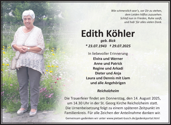 Traueranzeige von Edith Köhler von Fränkische Nachrichten