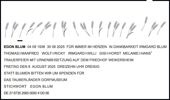 Traueranzeige von Egon Blum von Fränkische Nachrichten