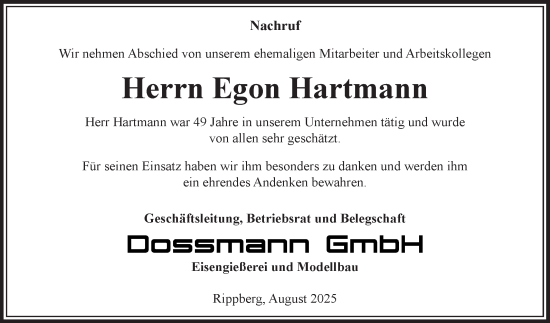 Traueranzeige von Egon Hartmann von Fränkische Nachrichten