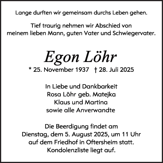 Traueranzeige von Egon Löhr von Schwetzinger Zeitung