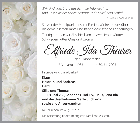 Traueranzeige von Elfriede Ida Theurer von Fränkische Nachrichten
