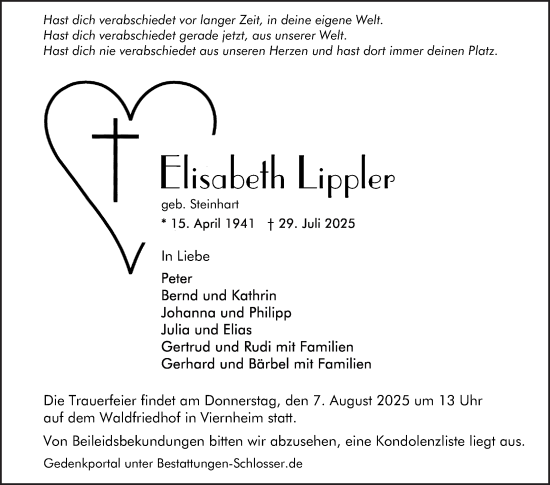 Traueranzeige von Elisabeth Lippler von Mannheimer Morgen