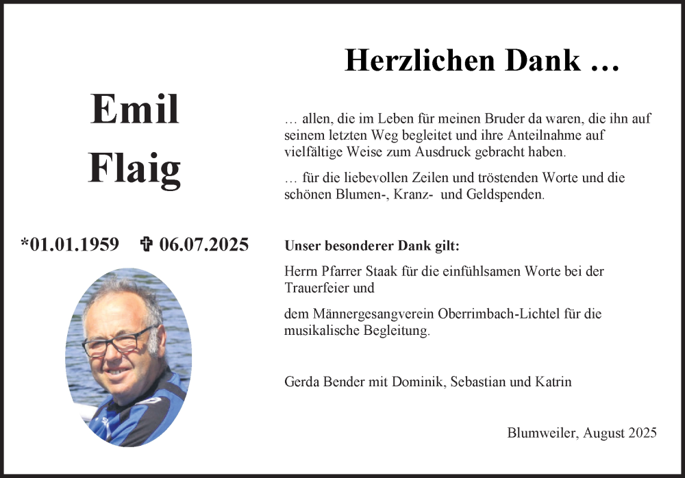  Traueranzeige für Emil Flaig vom 16.08.2025 aus Fränkische Nachrichten