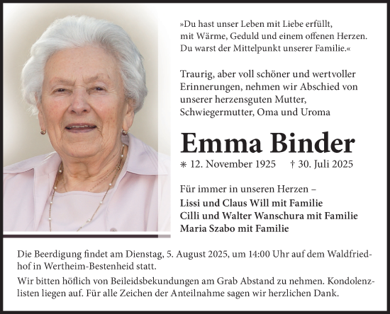 Traueranzeige von Emma Binder von Fränkische Nachrichten