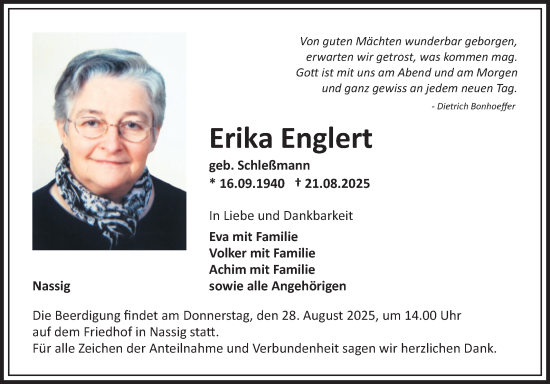 Traueranzeige von Erika Englert von Fränkische Nachrichten