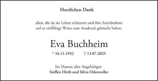 Traueranzeige von Eva Buchheim von Bergsträßer Anzeiger