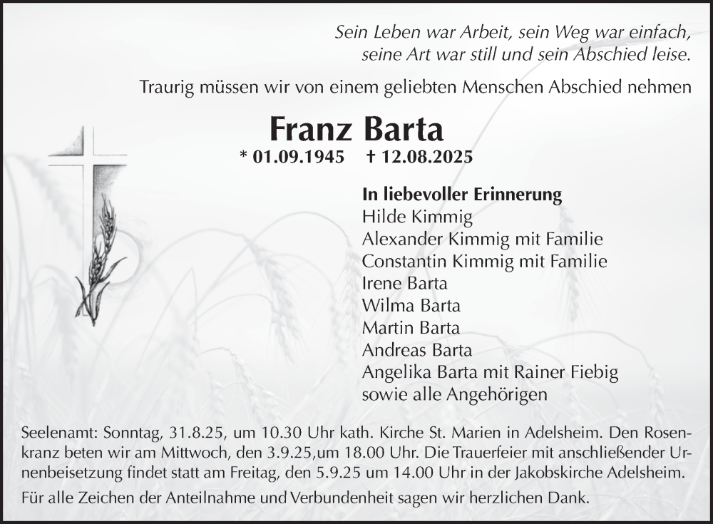  Traueranzeige für Franz Barta vom 30.08.2025 aus Fränkische Nachrichten