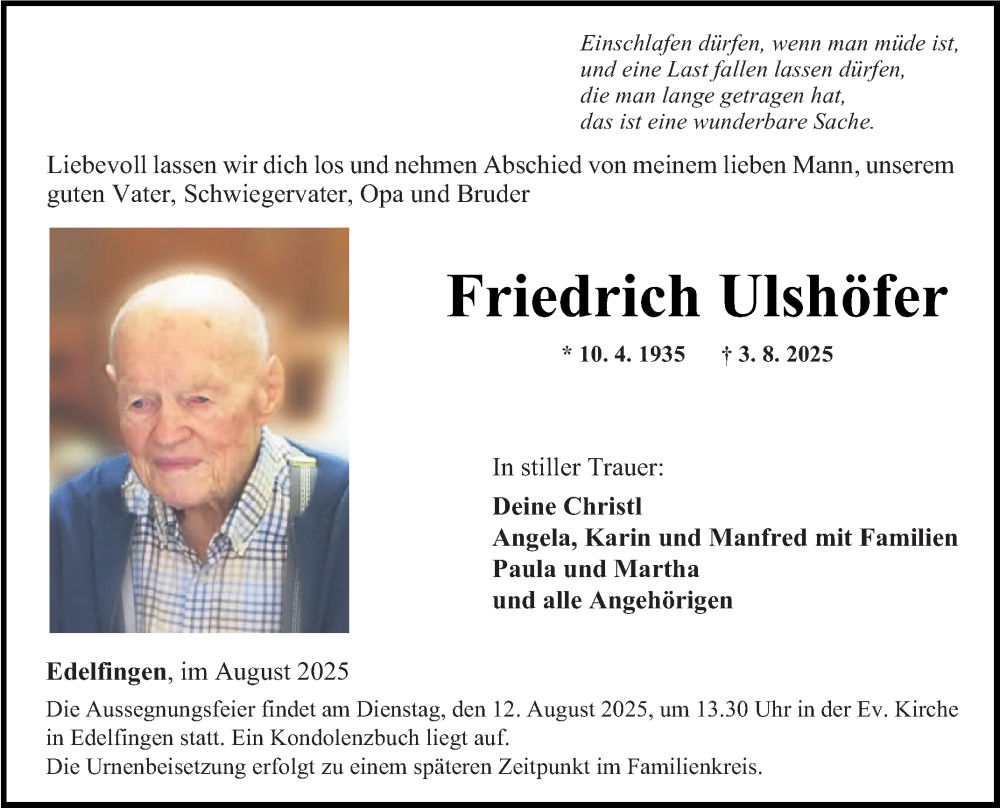  Traueranzeige für Friedrich Ulshöfer vom 08.08.2025 aus Fränkische Nachrichten